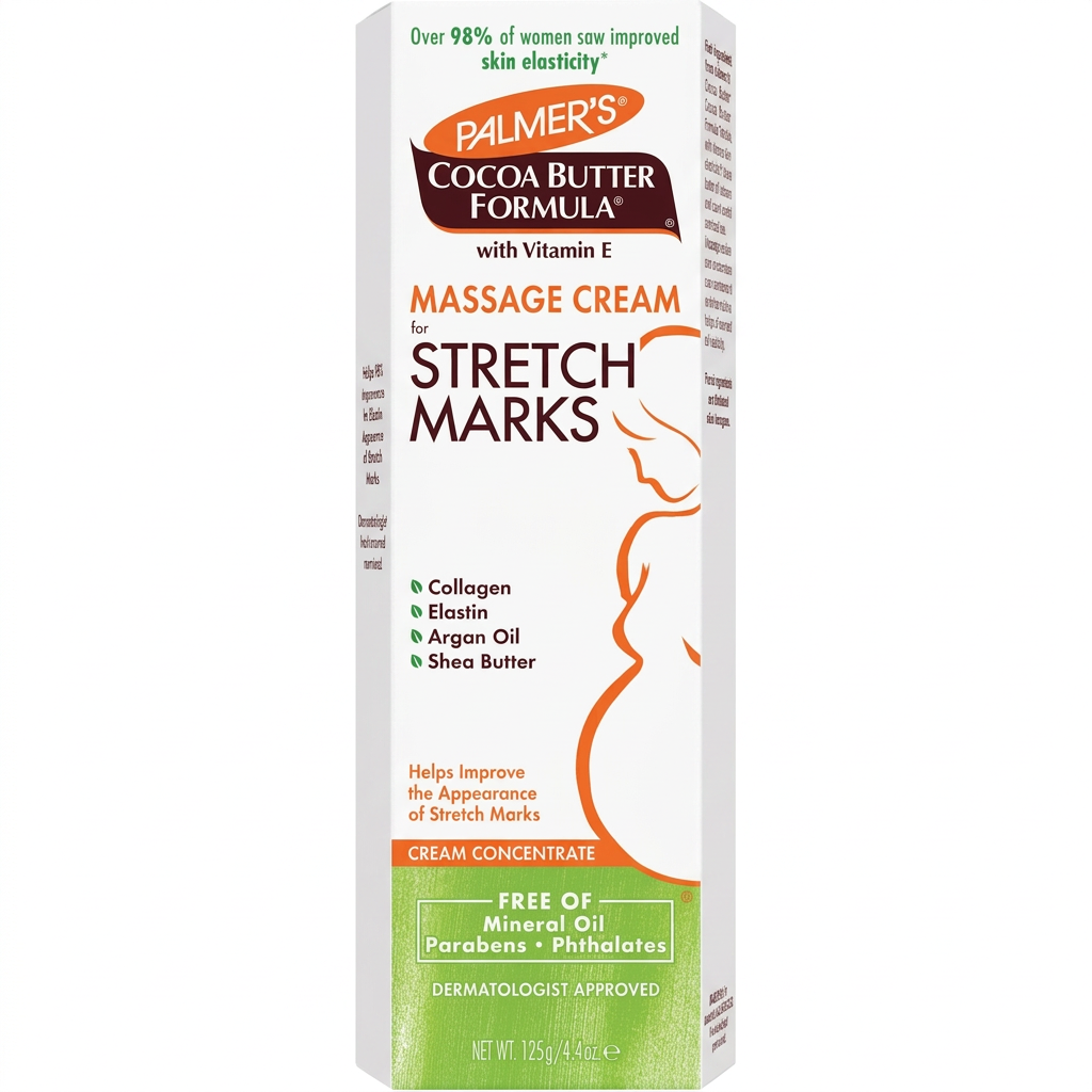 A vertical box of Palmer's Cocoa Butter Formula Stretch Marks Massage Cream with Vitamin E, featuring a white background with orange, brown, and green text and graphics.