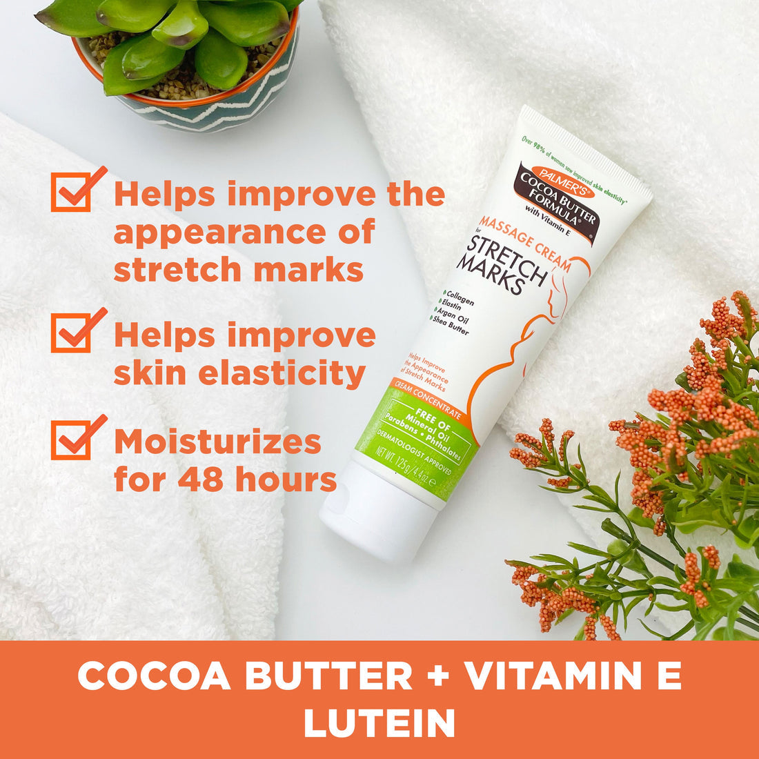 Cocoa Butter + Vitamin E Lutein stretch mark cream with text on a white background