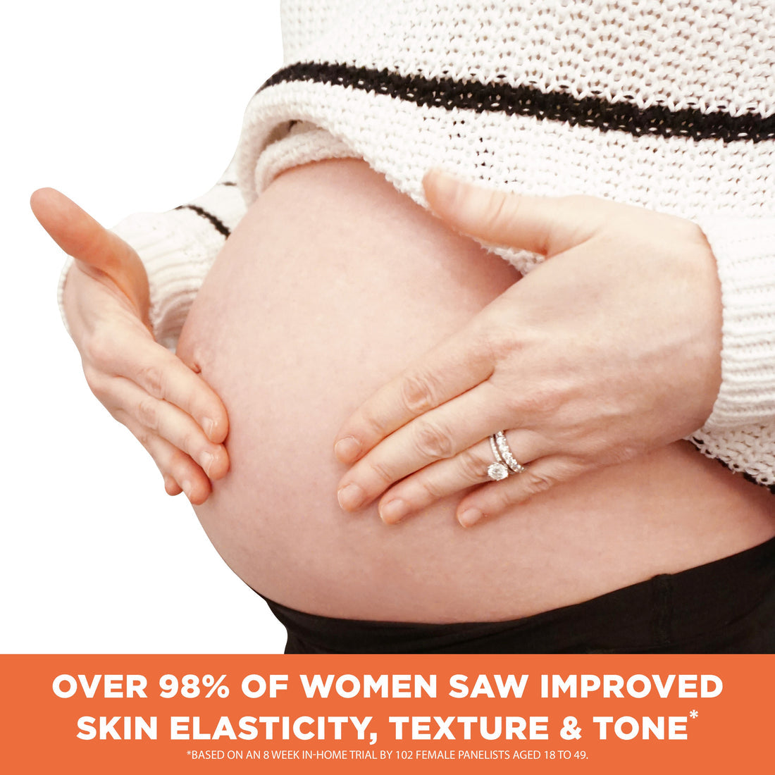 Pregnant belly with hands on a white background, text about improved skin elasticity, texture, and tone.